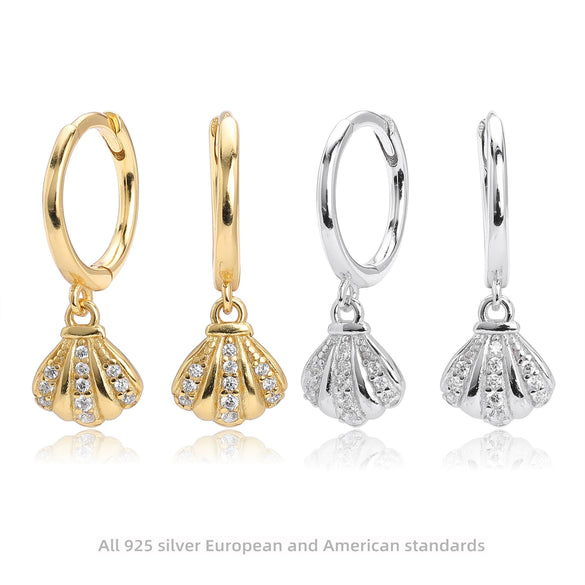 S925 Sterling Silver Microinlaid Zircon Shell Earrings Natural Style Women's