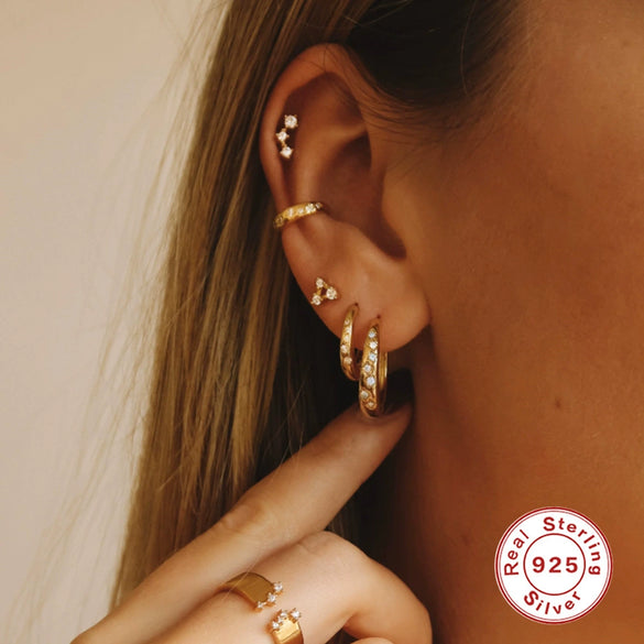 S925 Sterling Silver Mini Wide Face Five Pointed Star Electroplated Light Luxury Zircon Base Textured All Match Women's Fashion Earrings