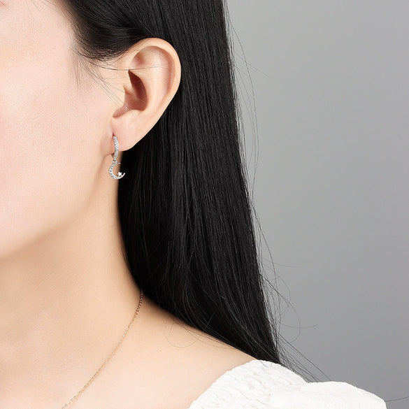 S925 Sterling Silver Minimalist Moon Ear Buckle Earrings With Diamond Inlaid Zircon Stud Design