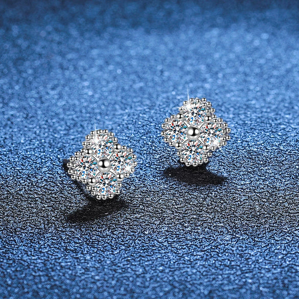S925 Sterling Silver Moissanite Earrings Four Leaf Clover Light Luxury Electroplated For Women