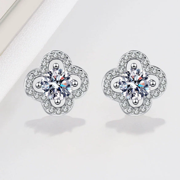 S925 Sterling Silver Moissanite Geometric Lucky Grass Earrings Electroplated Fashion Sweet Jewelry Gift