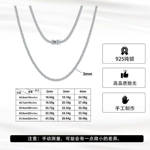S925 Sterling Silver Moissanite Tennis Chain Necklace Geometric Design Set With Diamonds