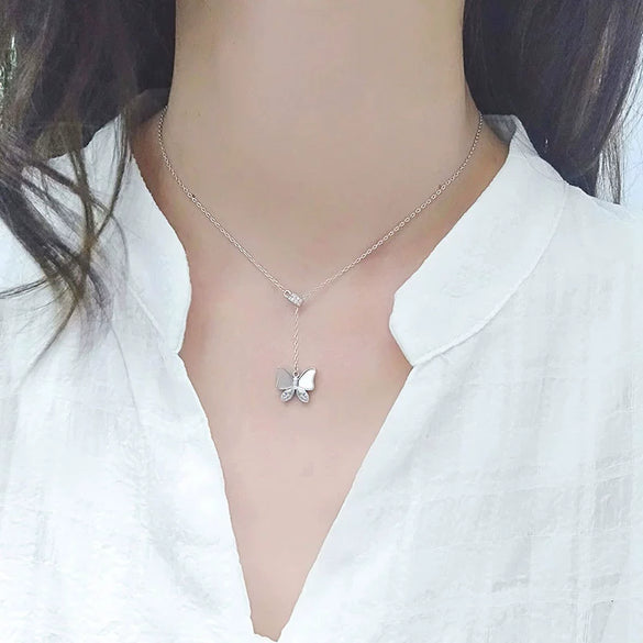 S925 Sterling Silver Mother Of Pearl Butterfly Pendant Necklace With Cross Chain Simple Fashion Clavicle Jewelry For Women