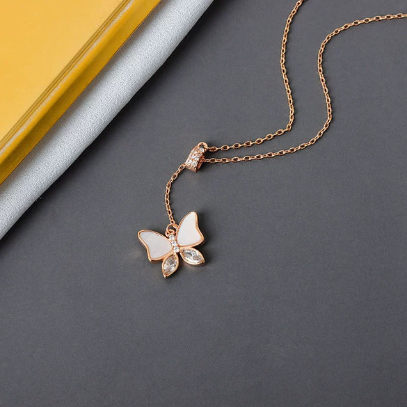 S925 Sterling Silver Mother Of Pearl Butterfly Pendant Necklace With Cross Chain Simple Fashion Clavicle Jewelry For Women