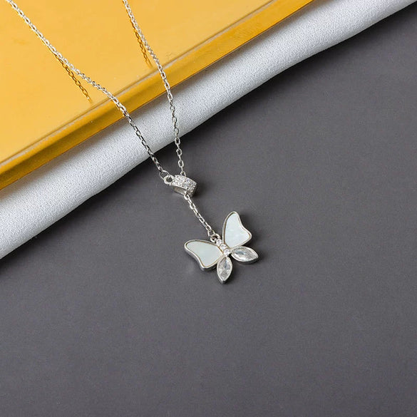 S925 Sterling Silver Mother Of Pearl Butterfly Pendant Necklace With Cross Chain Simple Fashion Clavicle Jewelry For Women