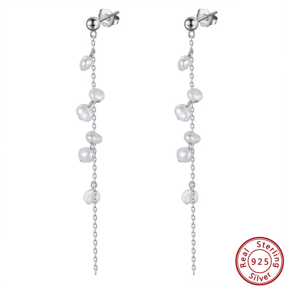 S925 Sterling Silver Natural Freshwater Pearl Baroque Beaded Geometric Ear Wire Earrings
