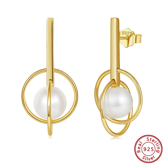 S925 Sterling Silver Natural Freshwater Pearl Geometric Earrings Electroplated