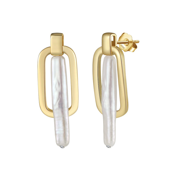 S925 Sterling Silver Natural Freshwater Pearl Geometric Earrings Electroplated
