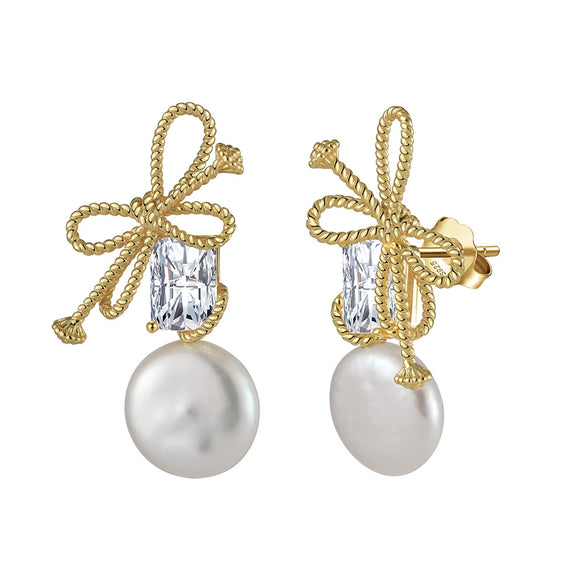 S925 Sterling Silver Natural Freshwater Pearl Geometric Earrings Electroplated