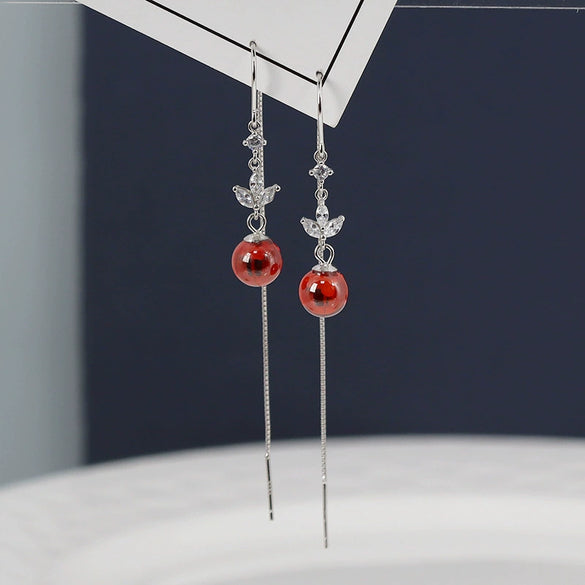 S925 Sterling Silver Natural Garnet And Cat's Eye Stone Geometric Long Tassel Threader Earrings For Women