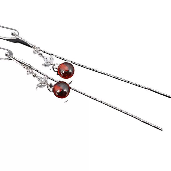 S925 Sterling Silver Natural Garnet And Cat's Eye Stone Geometric Long Tassel Threader Earrings For Women