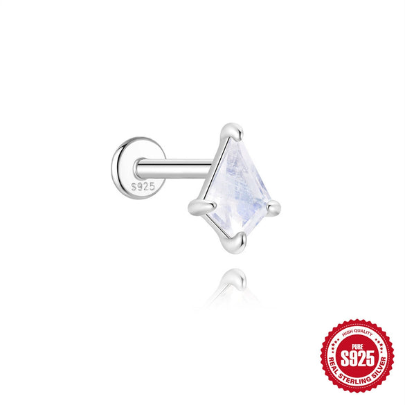 S925 Sterling Silver Natural Moonstone Bezel Set Flat Head Piercing Earrings With Flower Pattern Electroplated For Women