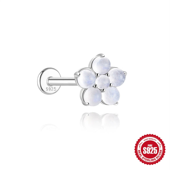 S925 Sterling Silver Natural Moonstone Bezel Set Flat Head Piercing Earrings With Flower Pattern Electroplated For Women