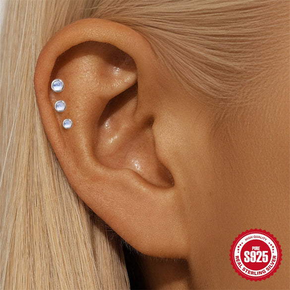 S925 Sterling Silver Natural Moonstone Bezel Set Flat Head Piercing Earrings With Flower Pattern Electroplated For Women