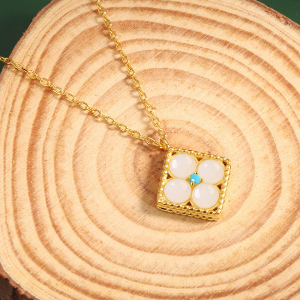 S925 Sterling Silver Necklace With Natural Hetian Jade Square Lucky Pendant Electroplated Exquisite Temperament Jewelry For Women Mothers
