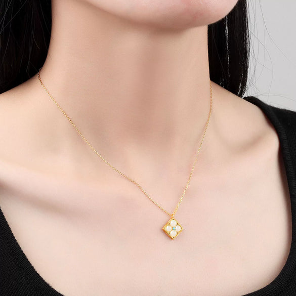 S925 Sterling Silver Necklace With Natural Hetian Jade Square Lucky Pendant Electroplated Exquisite Temperament Jewelry For Women Mothers