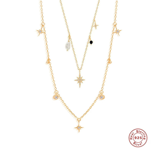 S925 Sterling Silver Octagonal Star Diamond Shaped Pearl Clavicle Necklace With Geometric Styling And Zircon Treatment