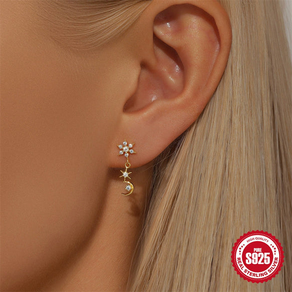 S925 Sterling Silver Octagonal Star Moon Geometric Women's Earrings With Electroplating