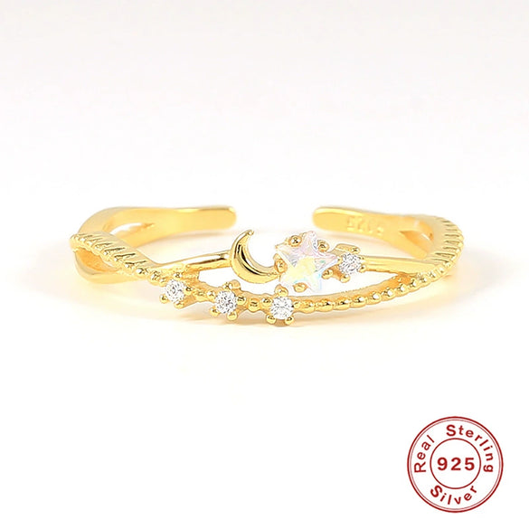 S925 Sterling Silver Open Adjustable Women's Ring With Star And Moon Geometric Pattern Electroplated