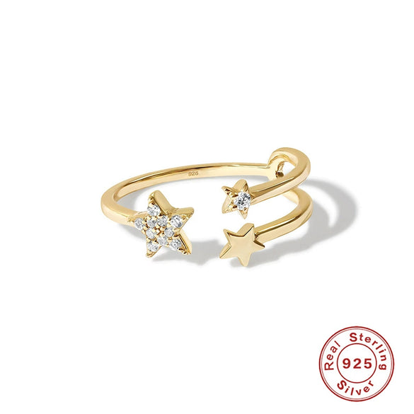 S925 Sterling Silver Open Adjustable Women's Ring With Star And Moon Geometric Pattern Electroplated