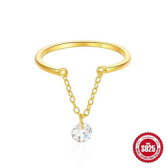 S925 Sterling Silver Opening Adjustable Finger Ring With Single Diamond Geometric Design Real Gold Plated Electroplated For Women
