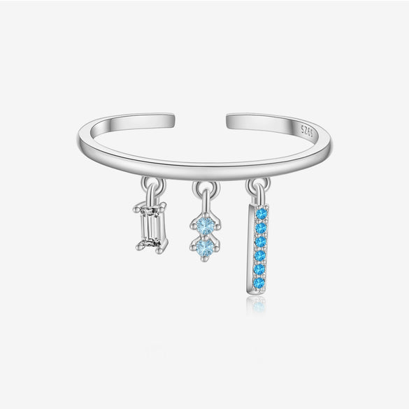 S925 Sterling Silver Opening Adjustable Ring With Zircon Pendant In Geometric Style And Platinum Or 18K Gold Electroplating