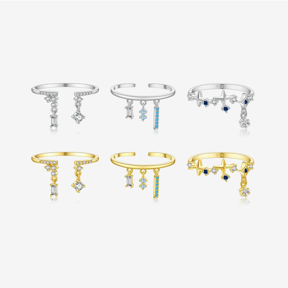 S925 Sterling Silver Opening Adjustable Ring With Zircon Pendant In Geometric Style And Platinum Or 18K Gold Electroplating