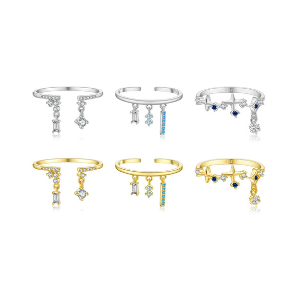 S925 Sterling Silver Opening Adjustable Ring With Zircon Pendant In Geometric Style And Platinum Or 18K Gold Electroplating