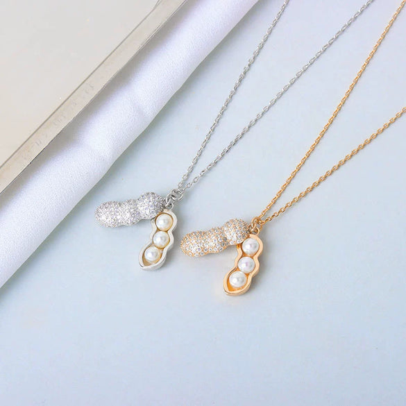 S925 Sterling Silver Peanut Pendant Clavicle Chain Necklace With Pearl And Full Diamond Inlay Electroplated Trendy Women Jewelry Gift