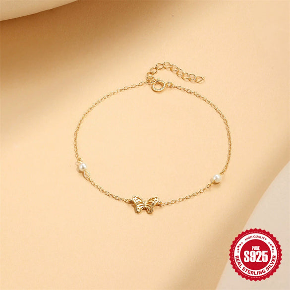 S925 Sterling Silver Pearl Beaded Geometric Butterfly Bracelet With Electroplating For Women