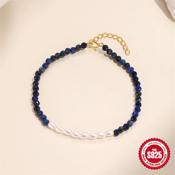 S925 Sterling Silver Pearl Blue Gold Stone Geometric Vintage Women's Hand Jewelry With Real Gold Electroplating