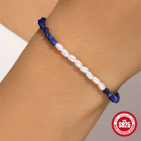 S925 Sterling Silver Pearl Blue Gold Stone Geometric Vintage Women's Hand Jewelry With Real Gold Electroplating