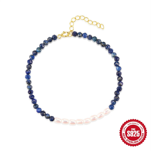 S925 Sterling Silver Pearl Blue Gold Stone Geometric Vintage Women's Hand Jewelry With Real Gold Electroplating