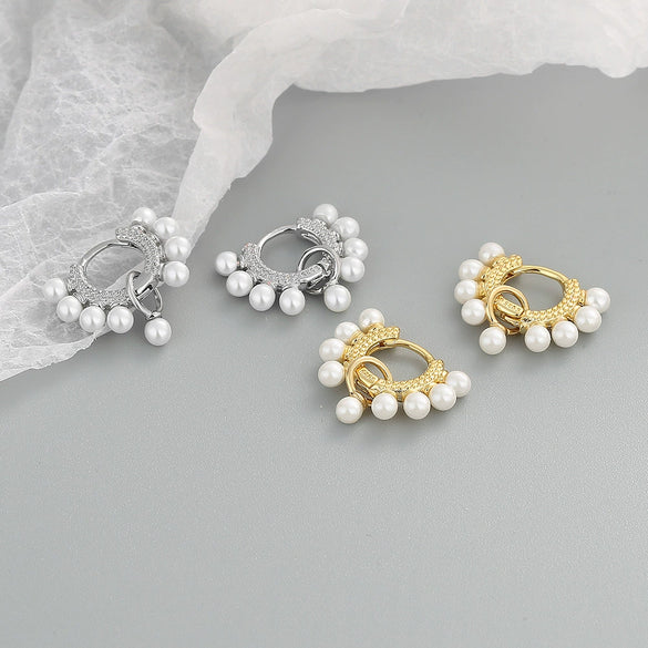 S925 Sterling Silver Pearl Geometric Circle Earrings With Electroplated Finish Fashion Jewelry