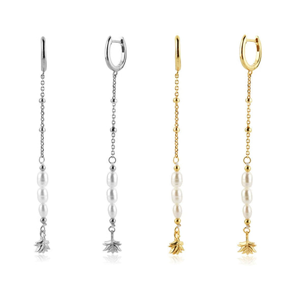 S925 Sterling Silver Pearl Tassel Ear Buckle Long Chain Earrings Geometric Style