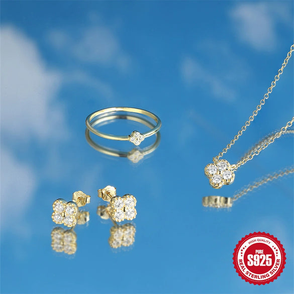 S925 Sterling Silver Petal Turquoise Diamond Women's Ring Necklace Set With Geometric Pattern And Zirconia Design