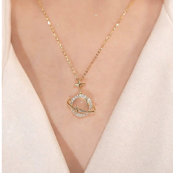 S925 Sterling Silver Planet Chalcedony Pendant Necklace For Women Geometric Star Design Handmade Cross Chain Elegant Light Luxury Jewelry