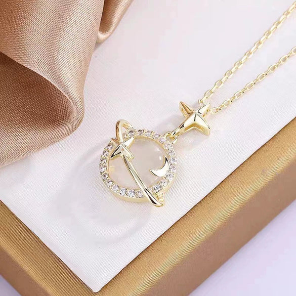S925 Sterling Silver Planet Chalcedony Pendant Necklace For Women Geometric Star Design Handmade Cross Chain Elegant Light Luxury Jewelry