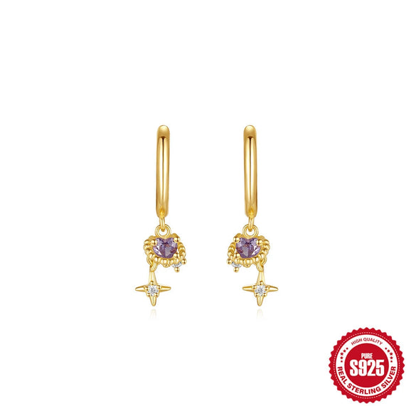S925 Sterling Silver Purple Heart Electroplated Women's Earrings With Geometric Design