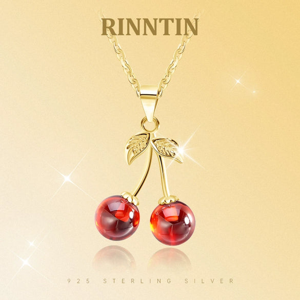 S925 Sterling Silver Red Pomegranate Cherry Fruit Pendant Necklace Natural Style Jewelry Wholesale