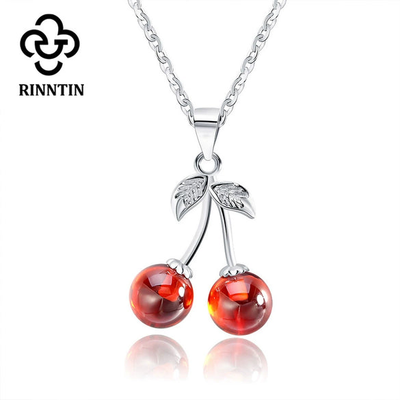 S925 Sterling Silver Red Pomegranate Cherry Fruit Pendant Necklace Natural Style Jewelry Wholesale