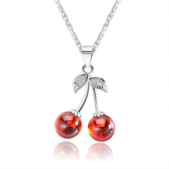 S925 Sterling Silver Red Pomegranate Cherry Fruit Pendant Necklace Natural Style Jewelry Wholesale