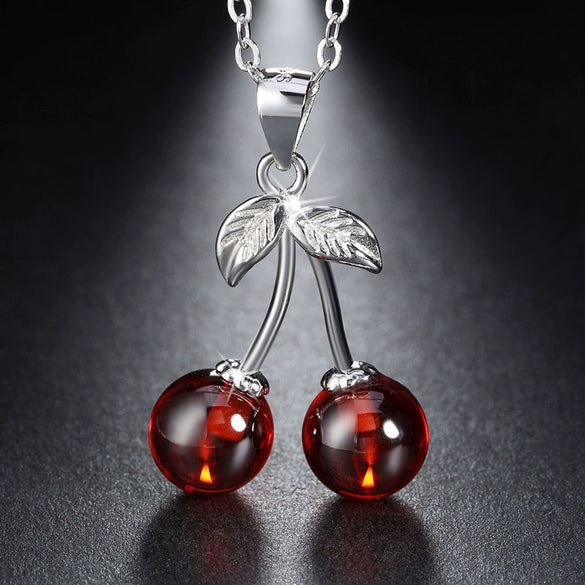 S925 Sterling Silver Red Pomegranate Cherry Fruit Pendant Necklace Natural Style Jewelry Wholesale