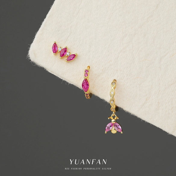 S925 Sterling Silver Red Zirconium Irregular Geometric Women's Earrings