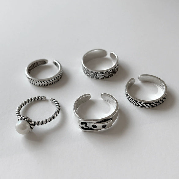 S925 Sterling Silver Retro Twisted Rope Braided Freshwater Pearl Open Ring With Polishing