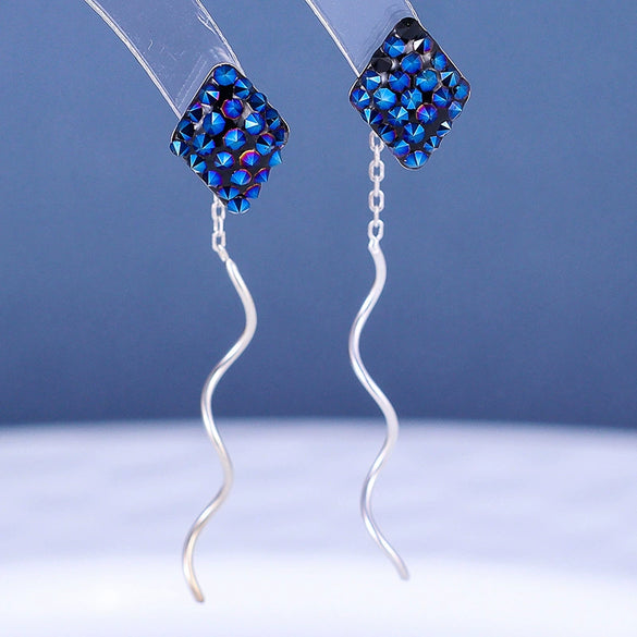 S925 Sterling Silver Rhombus Wave Tassel Earrings For Women Elegant Fashion Niche Design