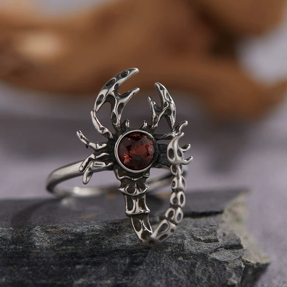 S925 Sterling Silver Ring With Natural Garnet Citrine Retro Personality Exaggerated Opal Scorpion Animals Zodiac Set With Precious Stones Antique Style