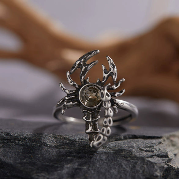 S925 Sterling Silver Ring With Natural Garnet Citrine Retro Personality Exaggerated Opal Scorpion Animals Zodiac Set With Precious Stones Antique Style