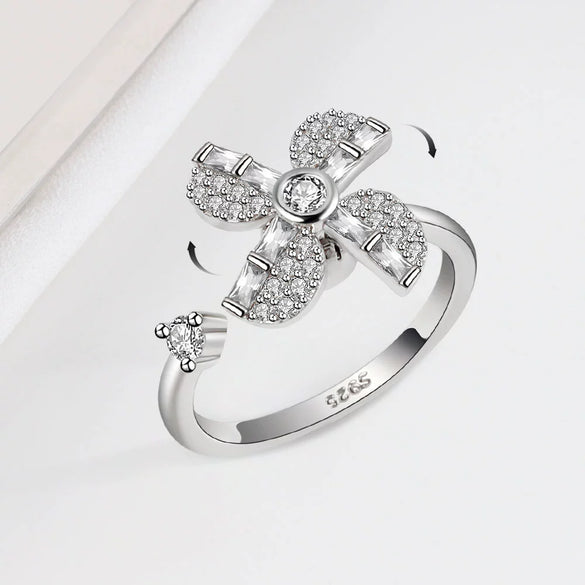 S925 Sterling Silver Rotating Windmill Open Ring For Women Elegant Adjustable Spinner Statement Jewelry