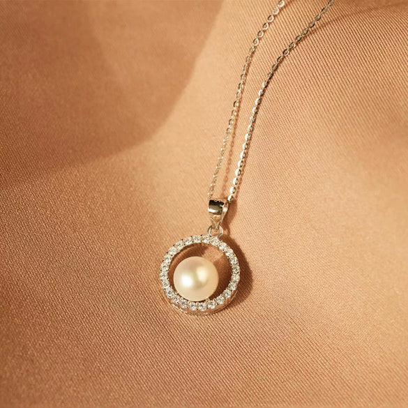 S925 Sterling Silver Round Diamond Pearl Ochain Necklace For Women Geometric Style Electroplated